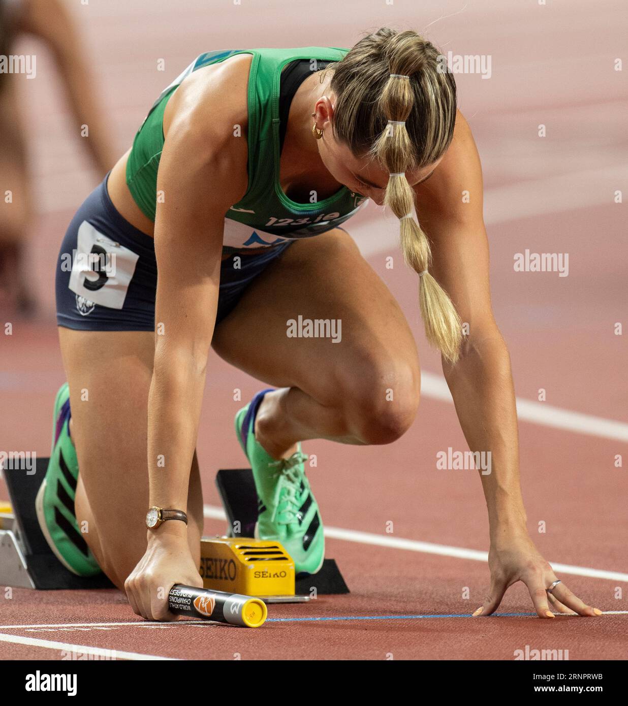 Sophie Becker of Ireland competing in the women’s 4x400m relay final on day 9 of the World Athletics Championships Budapest on the 27th August 2023. P Stock Photo