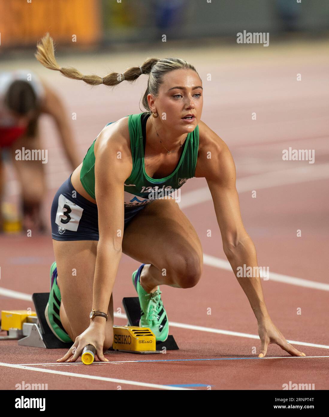 Sophie Becker of Ireland competing in the women’s 4x400m relay final on day 9 of the World Athletics Championships Budapest on the 27th August 2023. P Stock Photo