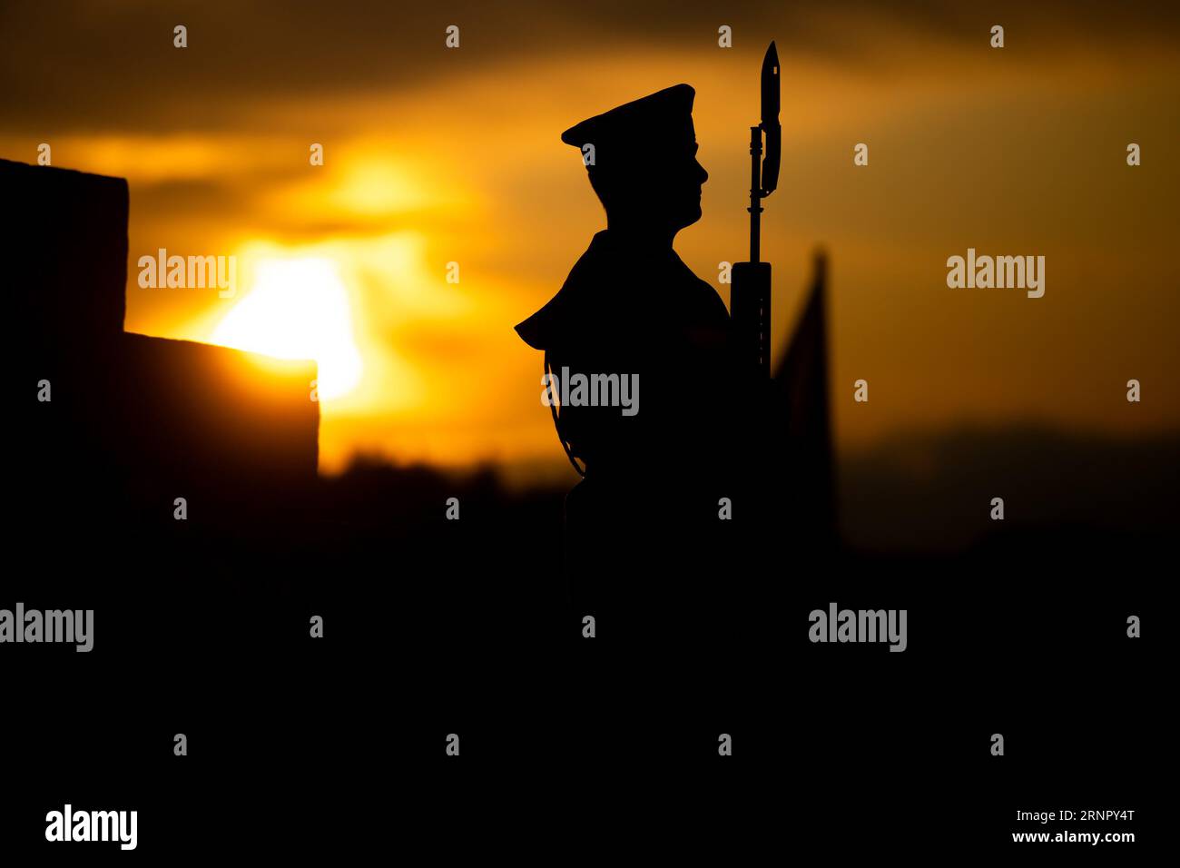 Gdansk, Poland. 1st Sep, 2023. Silhouette of a soldier with a gun during the 84th anniversary of the outbreak of World War II in Westerplatte. On the 84th anniversary of the outbreak of World War II, people in Poland gathered in Westerplatte to remember and pay tribute to those who were killed and abused during one of the most terrible tragedies in world history. The Polish government organized the anniversary event to remind the people never to let World War happen again. (Credit Image: © Mateusz Slodkowski/SOPA Images via ZUMA Press Wire) EDITORIAL USAGE ONLY! Not for Commercial USAGE! Stock Photo