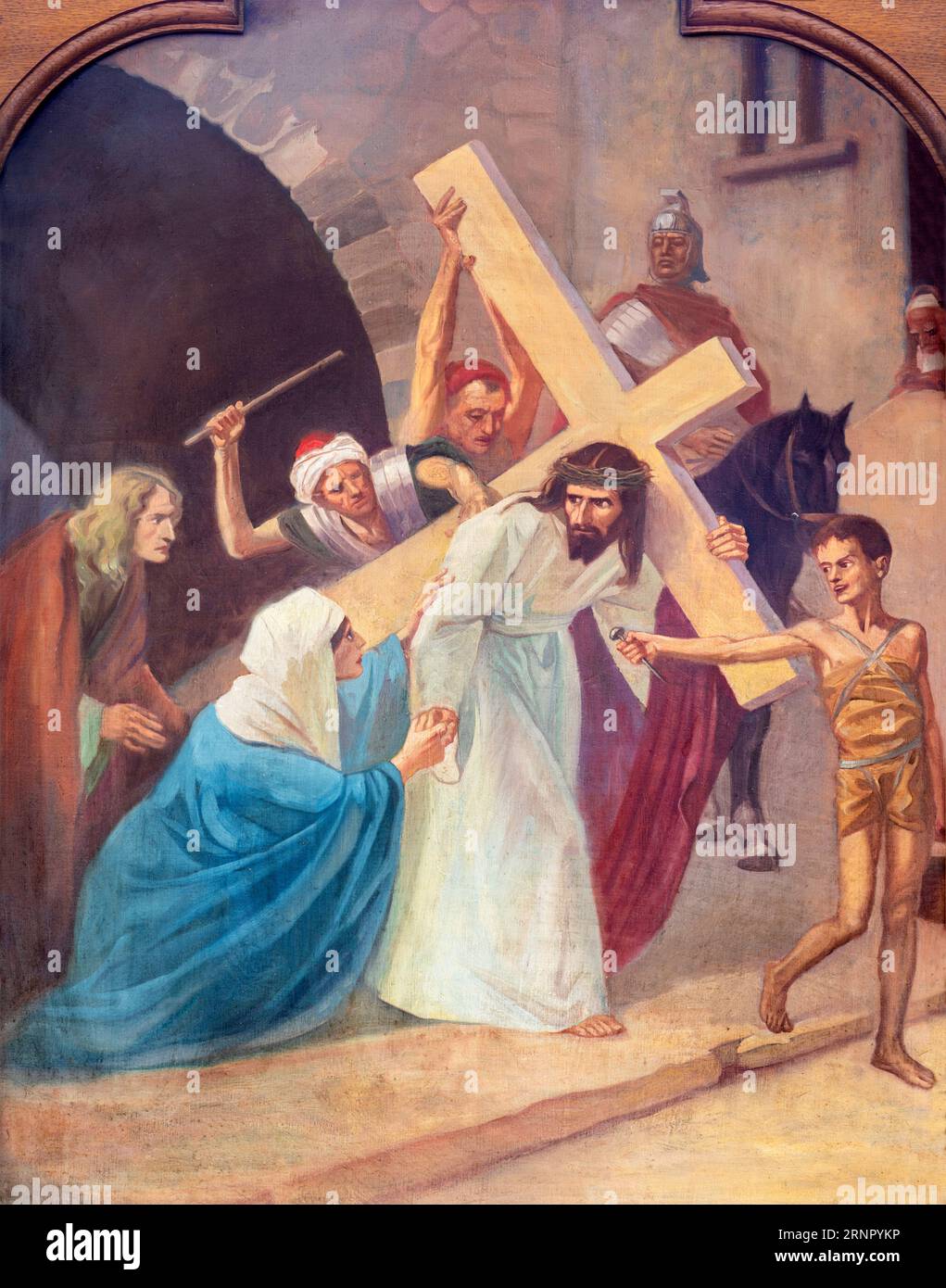 SEBECHLEBY, SLOVAKIA - OKTOBERT 8, 2022: The painting  Jesus meet his mother Mary as part of Cross way stations in St. Michael parish church Stock Photo