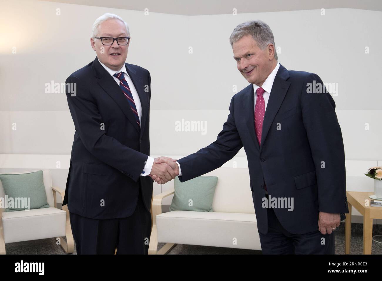 (170912) -- HELSINKI, Sept. 12, 2017 -- Finnish President Sauli Niinisto (R) shakes hands with Russian Deputy Foreign Minister Sergei Ryabkov before their meeting in Helsinki, Finland on Sept. 12, 2017. Finnish President Sauli Niinisto on Tuesday met Russian Deputy Foreign Minister Sergei Ryabkov. The meeting took place on the second day of the U.S.-Russian dialogue in Helsinki. Niinisto had met U.S. undersecretary of state Thomas Shannon on Monday. ) FINLAND-HELSINKI-PRESIDENT-RUSSIA-DEPUTY FM-MEETING MattixMatikainen PUBLICATIONxNOTxINxCHN Stock Photo