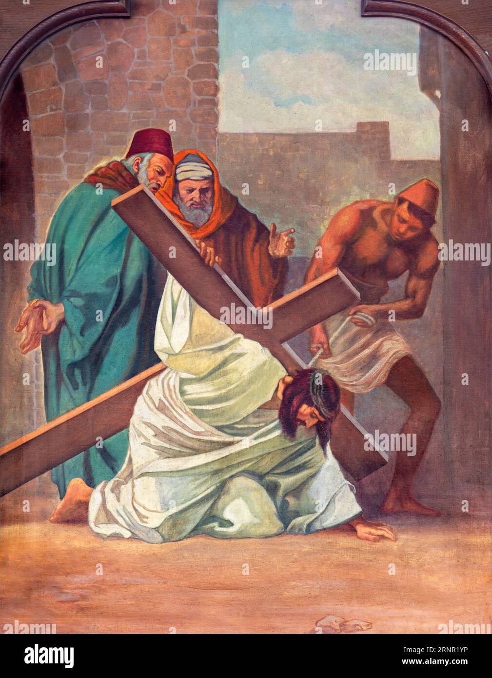 SEBECHLEBY, SLOVAKIA - OKTOBERT 8, 2022: The painting  Jesus fall under the cross  as part of Cross way stations in St. Michael parish church Stock Photo