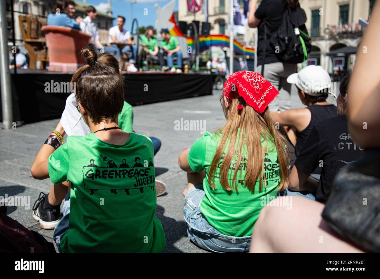 Munich, Germany. 02nd Sep, 2023. Discussion of Greenpeace on the IAA with the VDA and Last Generation. In downtown Munich, Germany, preparations and set-up for the International Motor Show IAA Mobility are underway on September 2nd, 2023. The so-called Open Spaces are intended to involve the population, whereas this year only trade visitors and the press will be on the exhibition grounds. (Photo by Alexander Pohl/Sipa USA) Credit: Sipa USA/Alamy Live News Stock Photo