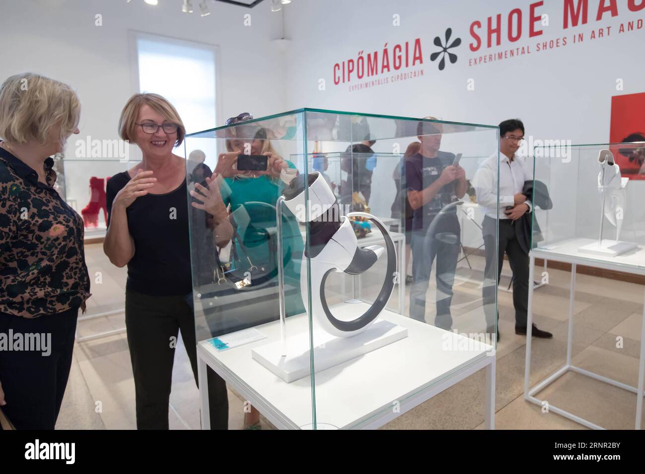 (170915) -- BUDAPEST, Sept. 15, 2017 -- Artwork Ring by Dutch designer Peter Popps is seen on display at the media preview of Shoe Magic experimental shoe design exhibition in Budapest, Hungary on Sept. 14, 2017. The exhibits belong to the Hague Virtual Shoe Museum. ) (djj) HUNGARY-BUDAPEST-SHOE DESIGN-EXHIBITION AttilaxVolgyi PUBLICATIONxNOTxINxCHN Stock Photo