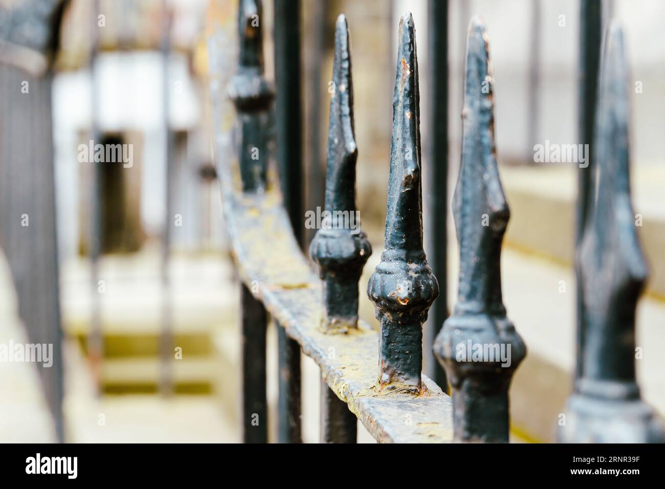 Detail of the decorative gate on the exterior of a house in Edinburgh. Selective focus on one of the wrought iron spear-shaped pieces. Horizontal shot Stock Photo