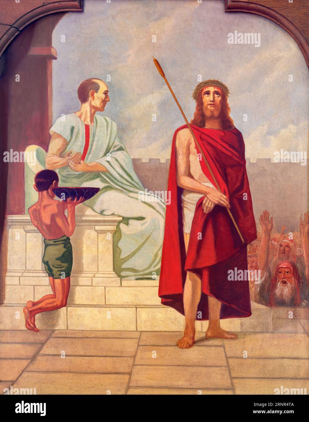 SEBECHLEBY, SLOVAKIA - OKTOBERT 8, 2022: The painting Jesus before Pilate in St. Michael parish church by unkonwn artist from beginn of 20. cent. Stock Photo