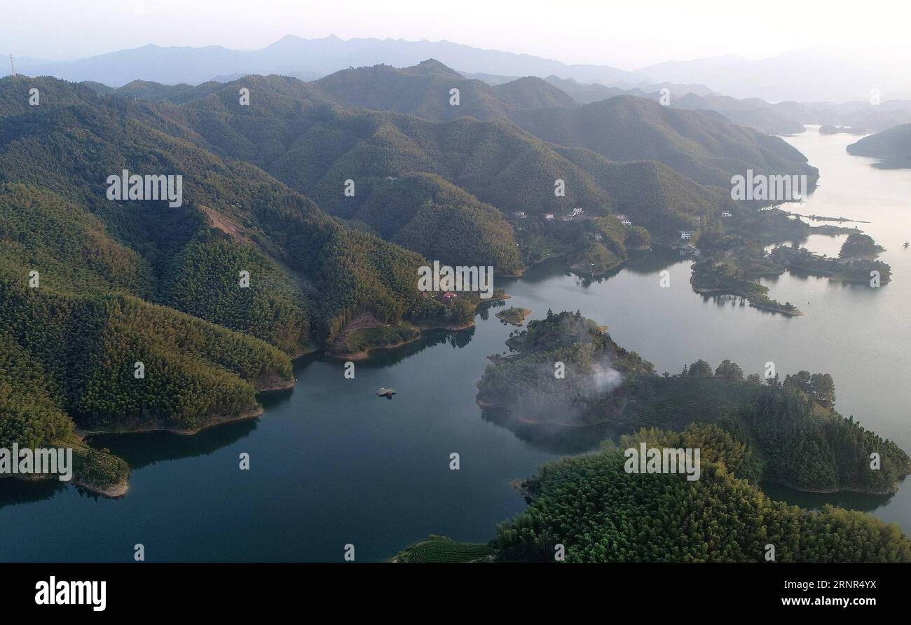 (170919) -- LU AN, Sept. 19, 2017 -- Aerial photo taken on Sept. 17, 2017 shows the scenery of Xianghongdian reservoir at Jinzhai County of Lu an City, east China s Anhui Province. The Xianghongdian reservoir was approved as the National Water Park in 2004. ) (yxb) CHINA-ANHUI-XIANGHONGDIAN RESERVOIR-SCENERY(CN) TaoxMing PUBLICATIONxNOTxINxCHN Stock Photo