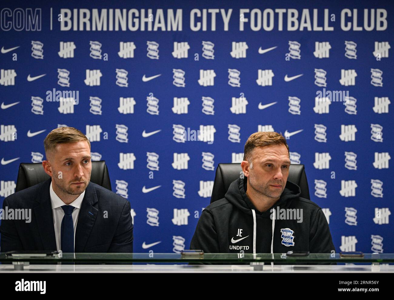 2nd September 2023; St Andrews, Birmingham, West Midlands, England; EFL Championship Football, Birmingham City versus Millwall; Birmingham Head Coach John Eustice and Dale Moon Birmingham City Media Manager at the press conference after the game Stock Photo