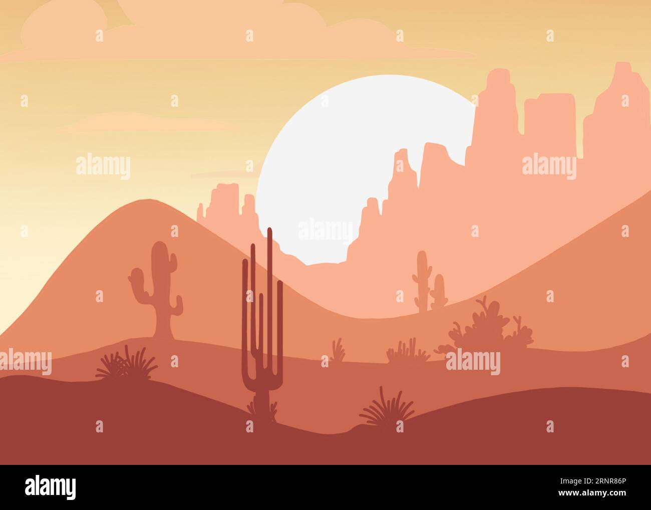Cartoon illustration of the sun rising over the desert with shades of ...