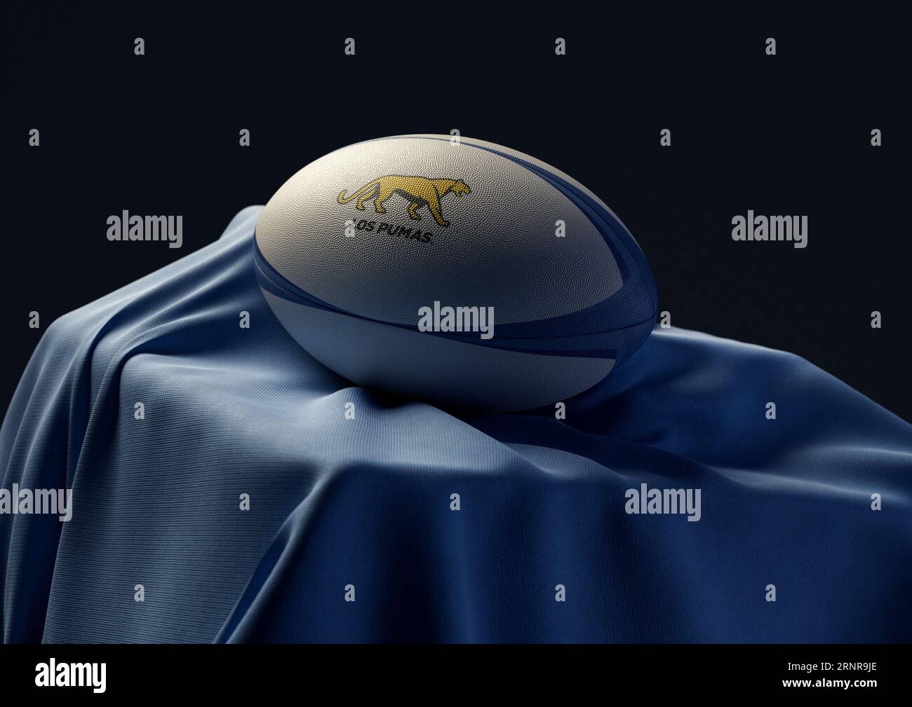 September 2, 2023 - Bristol, United Kingdom: A 3D render of a rugby ball imprinted with the Argentina rugby logo resting on a draped blue fabric Stock Photo
