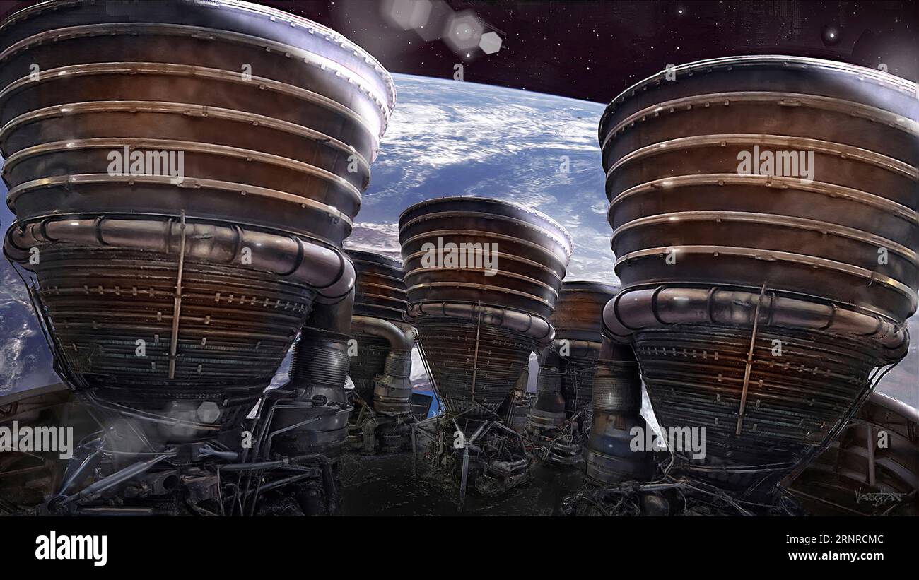 Illustration of the Saturn V rocket first stage engines falling back to Earth after shutdown and