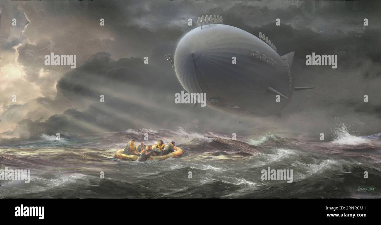 Airship rescue at sea, illustration Stock Photo