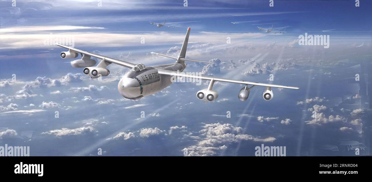 Nuclear bomber in flight, illustration Stock Photo