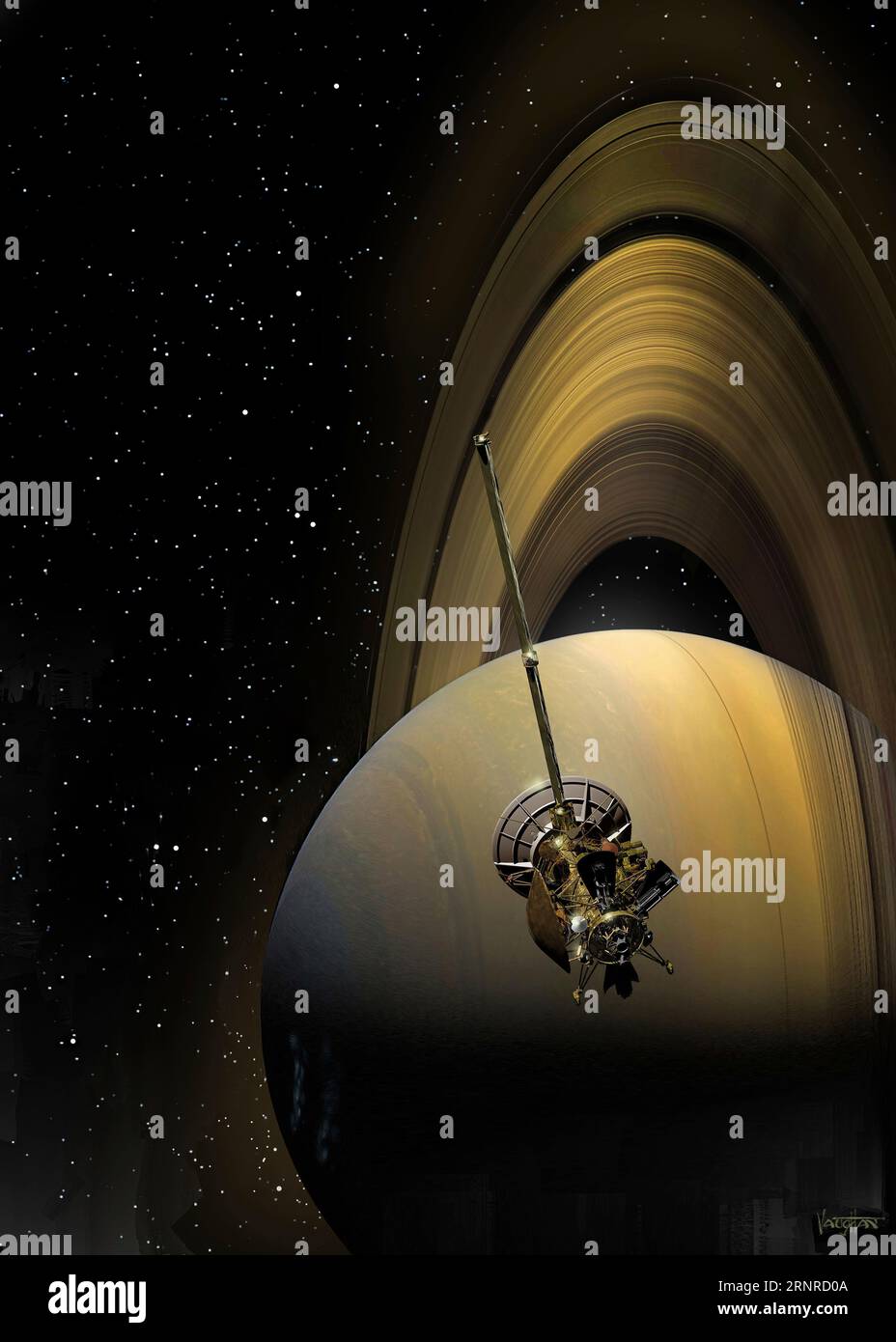 Cassini-Huygens probe approaching Saturn, illustration Stock Photo