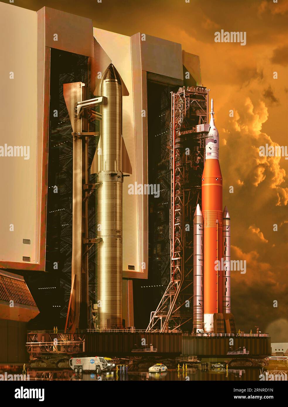SpaceX Starship and NASA Space Launch System, illustration Stock Photo