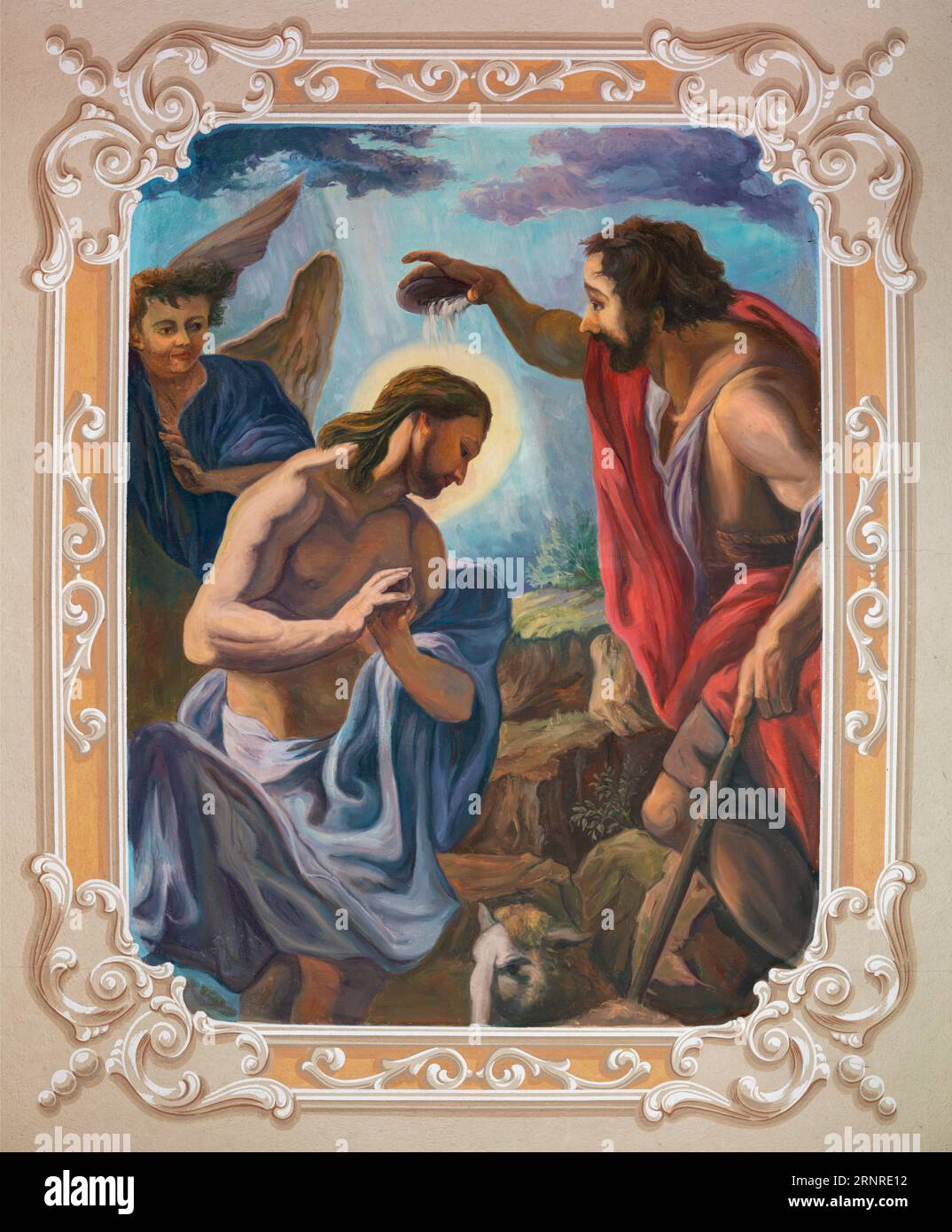 SEBECHLEBY, SLOVAKIA - OKTOBERT 8, 2022: The fresco of Baptism of Christ in St. Michael parish church by Plekanec from 20. cent. Stock Photo