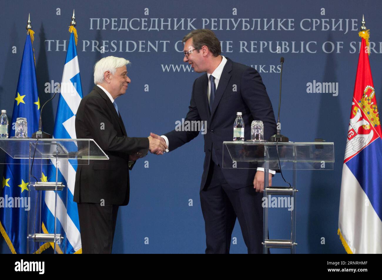 (171002) -- BELGRADE, Oct. 2, 2017 -- Visiting Greek President Prokopis Pavlopoulos (L) shakes hands with his Serbian counterpart Aleksandar Vucic at a joint press conference in Belgrade, Serbia, Oct. 2, 2017. Greece will support Serbia as well as all other Balkan countries who wish to become part of the European Union (EU), but these countries must respect international right, as well as European principles and heritage, said Greek President Prokopis Pavlopoulos during his visit to Serbia on Monday. ) SERBIA-BELGRADE-GREECE-PRESIDENT-VISIT NemanjaxCabric PUBLICATIONxNOTxINxCHN Stock Photo