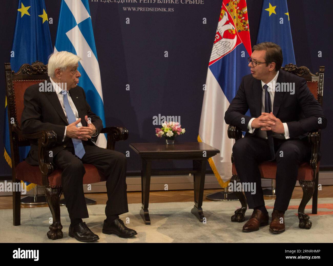 (171002) -- BELGRADE, Oct. 2, 2017 -- Visiting Greek President Prokopis Pavlopoulos (L) talks to his Serbian counterpart Aleksandar Vucic in Belgrade, Serbia, Oct. 2, 2017. Greece will support Serbia as well as all other Balkan countries who wish to become part of the European Union (EU), but these countries must respect international right, as well as European principles and heritage, said Greek President Prokopis Pavlopoulos during his visit to Serbia on Monday. ) SERBIA-BELGRADE-GREECE-PRESIDENT-VISIT NemanjaxCabric PUBLICATIONxNOTxINxCHN Stock Photo