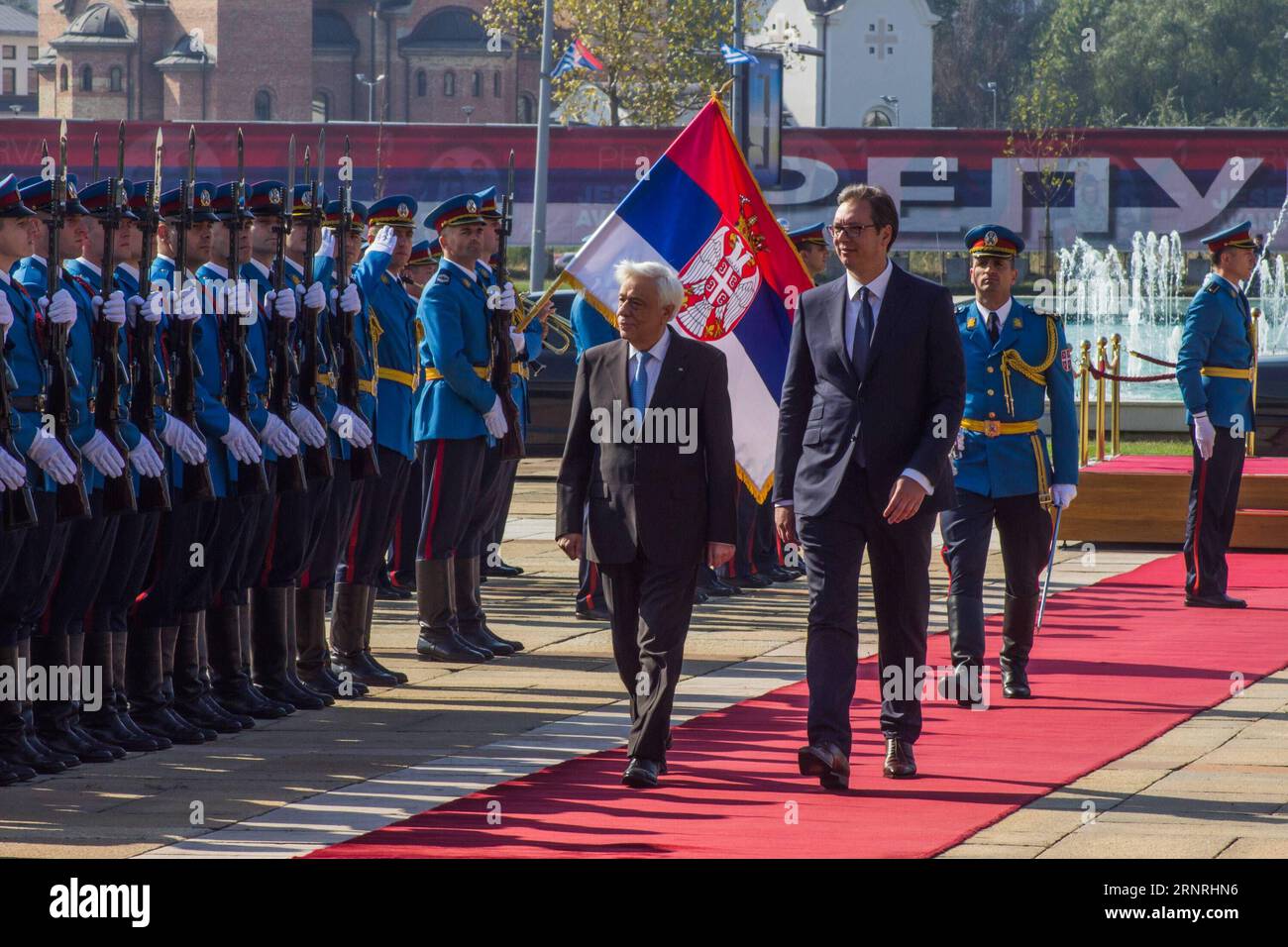 (171002) -- BELGRADE, Oct. 2, 2017 -- Visiting Greek President Prokopis Pavlopoulos (L, front) and his Serbian counterpart Aleksandar Vucic (R, front) review the honor guards in Belgrade, Serbia, Oct. 2, 2017. Greece will support Serbia as well as all other Balkan countries who wish to become part of the European Union (EU), but these countries must respect international right, as well as European principles and heritage, said Greek President Prokopis Pavlopoulos during his visit to Serbia on Monday. ) SERBIA-BELGRADE-GREECE-PRESIDENT-VISIT NemanjaxCabric PUBLICATIONxNOTxINxCHN Stock Photo