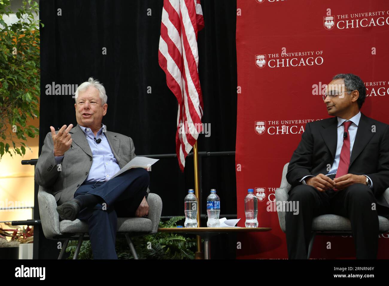 (171009) -- CHICAGO, Oct. 9, 2017 -- Richard H. Thaler (L), 2017 Nobel Prize winner in Economics, speaks during a press conference at University of Chicago Booth School of Business in Chicago, the United States, on Oct. 9, 2017. The 2017 Nobel Prize in Economics was awarded to Richard H. Thaler for his contributions to behavioural economics, announced the Royal Swedish Academy of Sciences on Monday. ) U.S.-CHICAGO-NOBEL PRIZE IN ECONOMICS-RICHARD H. THALER-PRESS CONFERENCE WangxQiang PUBLICATIONxNOTxINxCHN Stock Photo