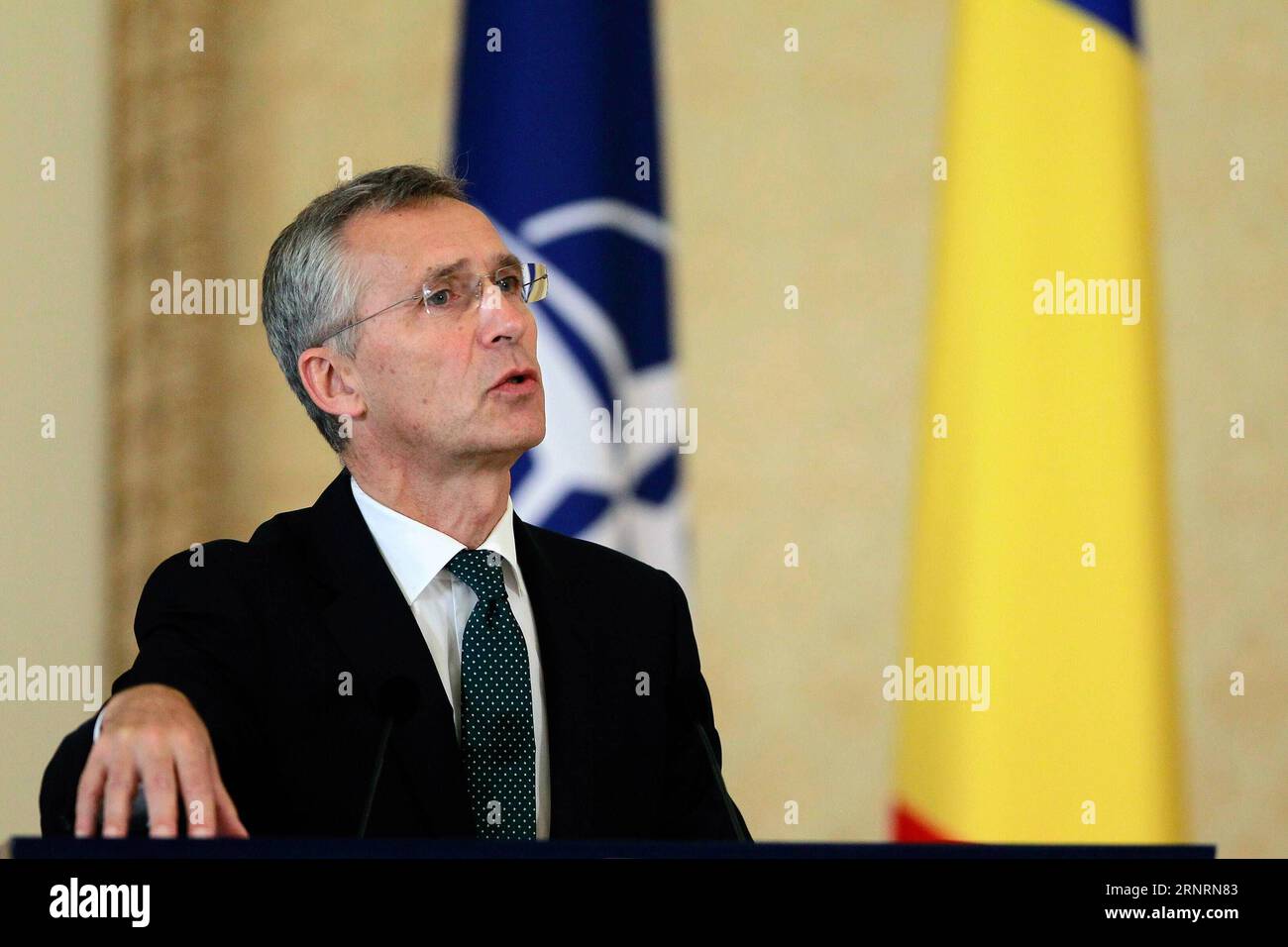 (171009) -- BUCHAREST, Oct. 9, 2017 -- NATO Secretary General Jens Stoltenberg attends a joint press conference with Romanian President Klaus Iohannis (unseen) in Bucharest, Romania, on Oct. 9, 2017. A plenary session of the NATO parliamentary assembly on Monday was held in Bucharest, capital of Romania, with the participation of parliamentarians from NATO allies and partners. ) (dtf) ROMANIA-BUCHAREST-NATO PARLIAMENTARY ASSEMBLY-PLENARY SESSION CristianxCristel PUBLICATIONxNOTxINxCHN Stock Photo