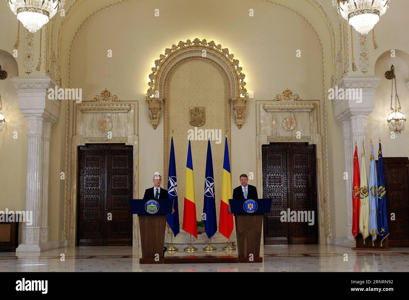Themen der Woche (171009) -- BUCHAREST, Oct. 9, 2017 -- Romanian President Klaus Iohannis (R) and NATO Secretary General Jens Stoltenberg attend a joint press conference in Bucharest, Romania, on Oct. 9, 2017. A plenary session of the NATO parliamentary assembly on Monday was held in Bucharest, capital of Romania, with the participation of parliamentarians from NATO allies and partners. ) (dtf) ROMANIA-BUCHAREST-NATO PARLIAMENTARY ASSEMBLY-PLENARY SESSION CristianxCristel PUBLICATIONxNOTxINxCHN Stock Photo