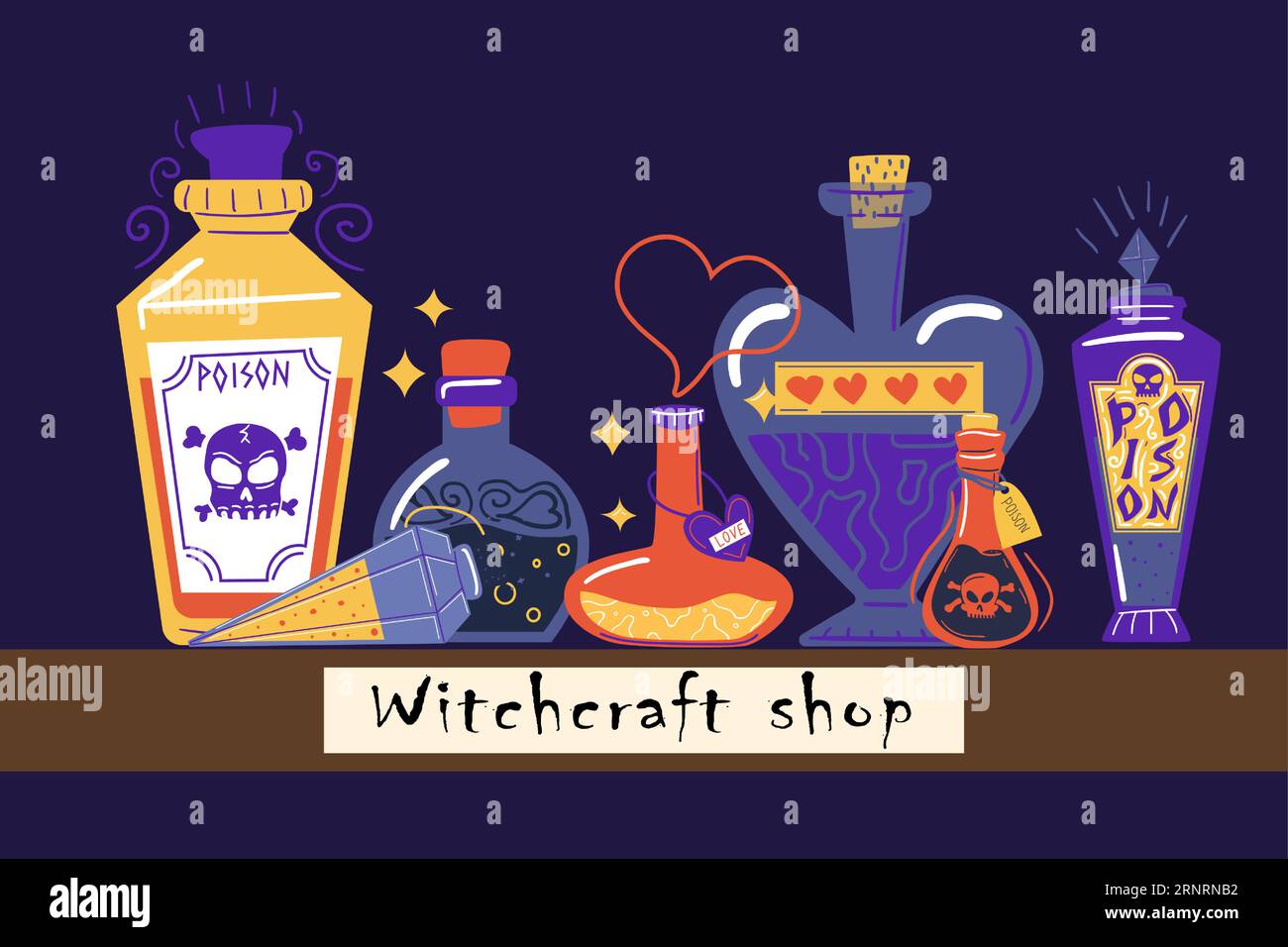 Magic potion. Witch or wizard composition. halloween decorative poster or card. Magical elixir, mystical alchemist bottles and phial with colorful liq Stock Vector