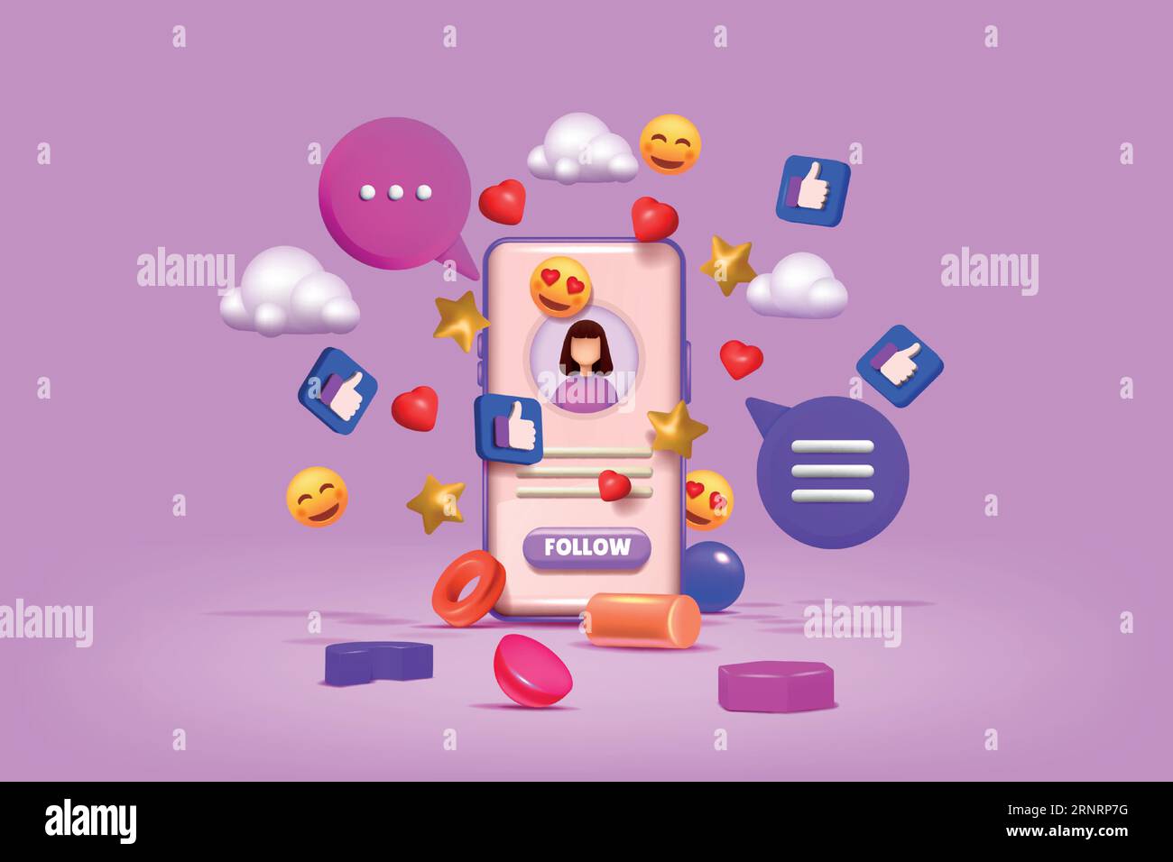 3D social media icons. Chatting emoji. Phone with internet marketing elements. Digital app for mobile user. Follow online influencer. Render smartphon Stock Vector