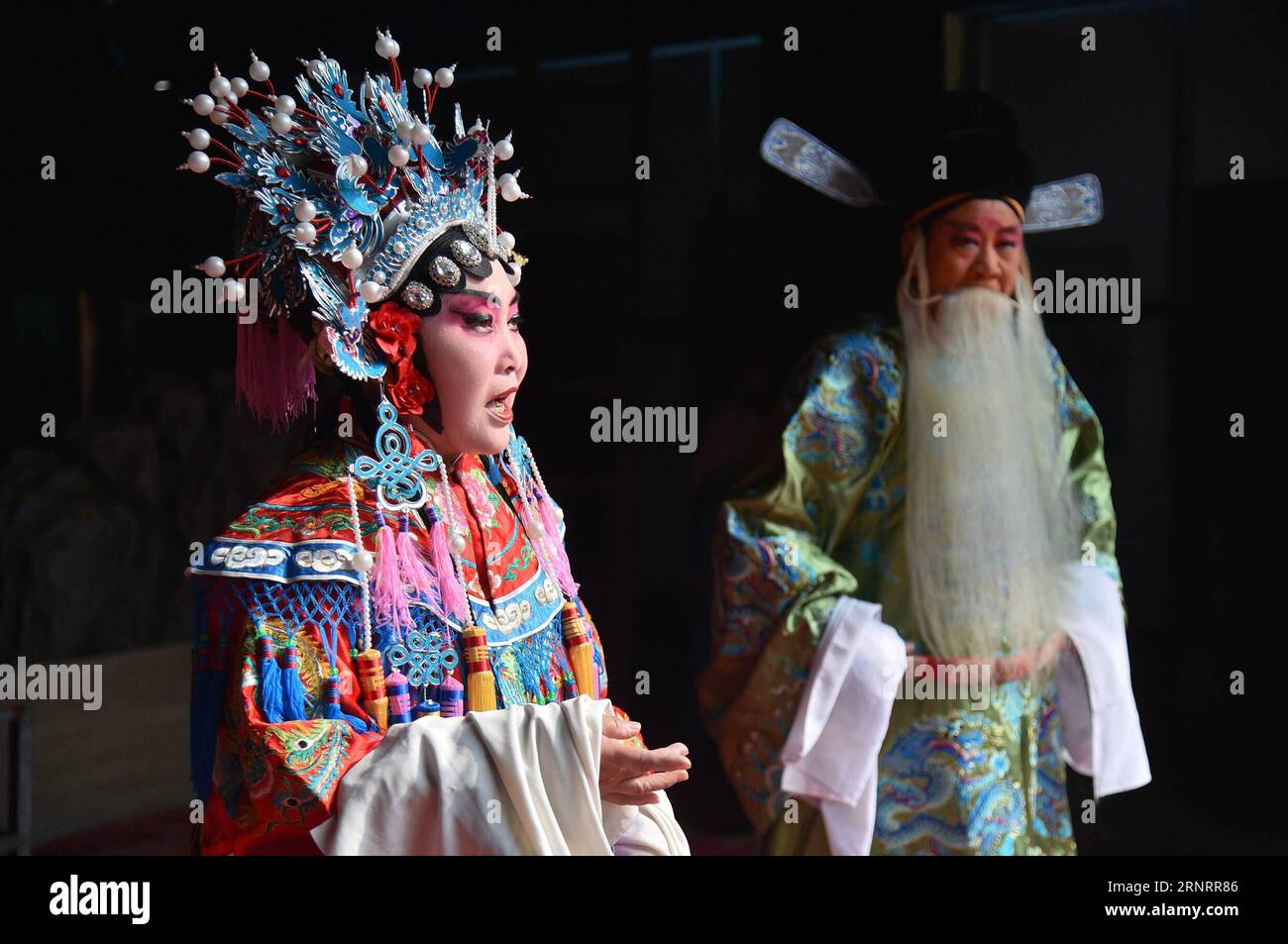 (171013) -- SHIJIAZHUANG, Oct. 13, 2017 -- Actors of Tongle Sixian Troupe perform Sixian, a local opera, at Nanke Village of Shijiazhuang City, capital of north China s Hebei Province, Oct. 12, 2017. Actually all actors of the troupe are local villagers, who practise and perform the opera during slack seasons in farming. ) (ry) CHINA-SHIJIAZHUANG-LOCAL OPERA (CN) QiexLei PUBLICATIONxNOTxINxCHN Stock Photo