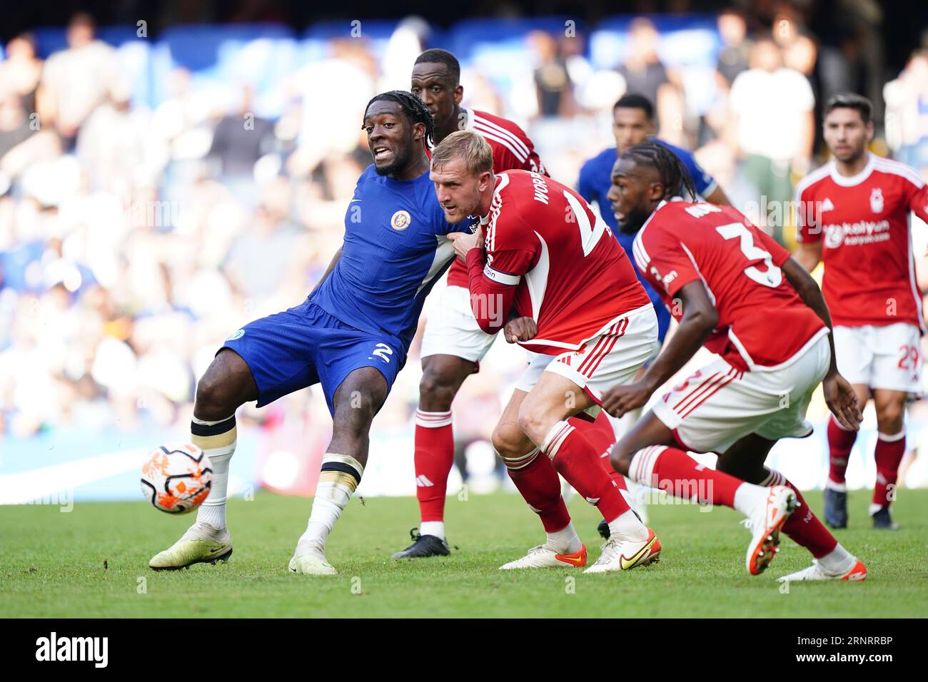Chelsea's Axel Disasi (left) in action during the Premier League match at Stamford Bridge, London. Picture date: Saturday September 2, 2023. Stock Photo