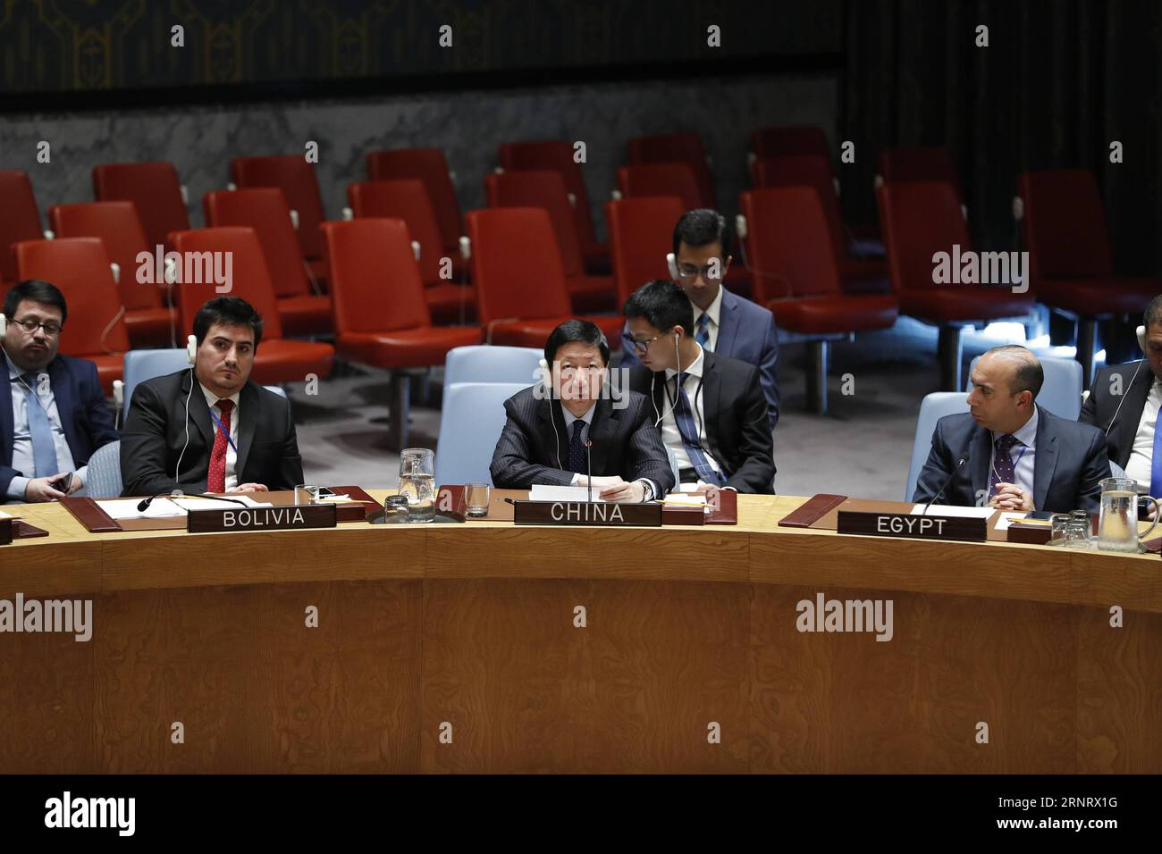 (171019) -- UNITED NATIONS, Oct. 19, 2017 -- Wu Haitao (front C), the charge d affaires of the Chinese mission to the United Nations, addresses a Security Council open debate on the situation in the Middle East at the UN headquarters in New York, Oct. 18, 2017. China on Wednesday asked for more efforts to tackle the Palestine issue, saying the international community should have a sense of urgency to push for a political settlement. )(yk) UN-SECURITY COUNCIL-MIDDLE EAST-OPEN DEBATE LixMuzi PUBLICATIONxNOTxINxCHN Stock Photo