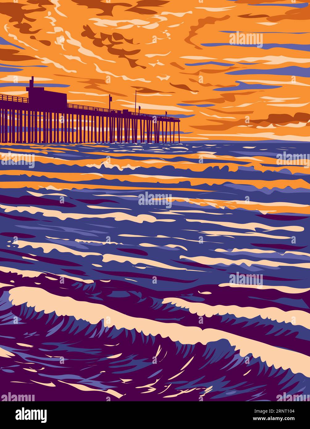 WPA poster art of surf beach at Pismo Beach Pier in Pismo Beach