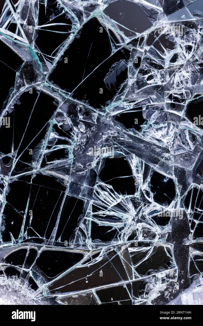 Pattern of smashed window pane, glass is splintered, window pane broken, close-up, Portbail, Cotentin, Manche, Normandy, France Stock Photo
