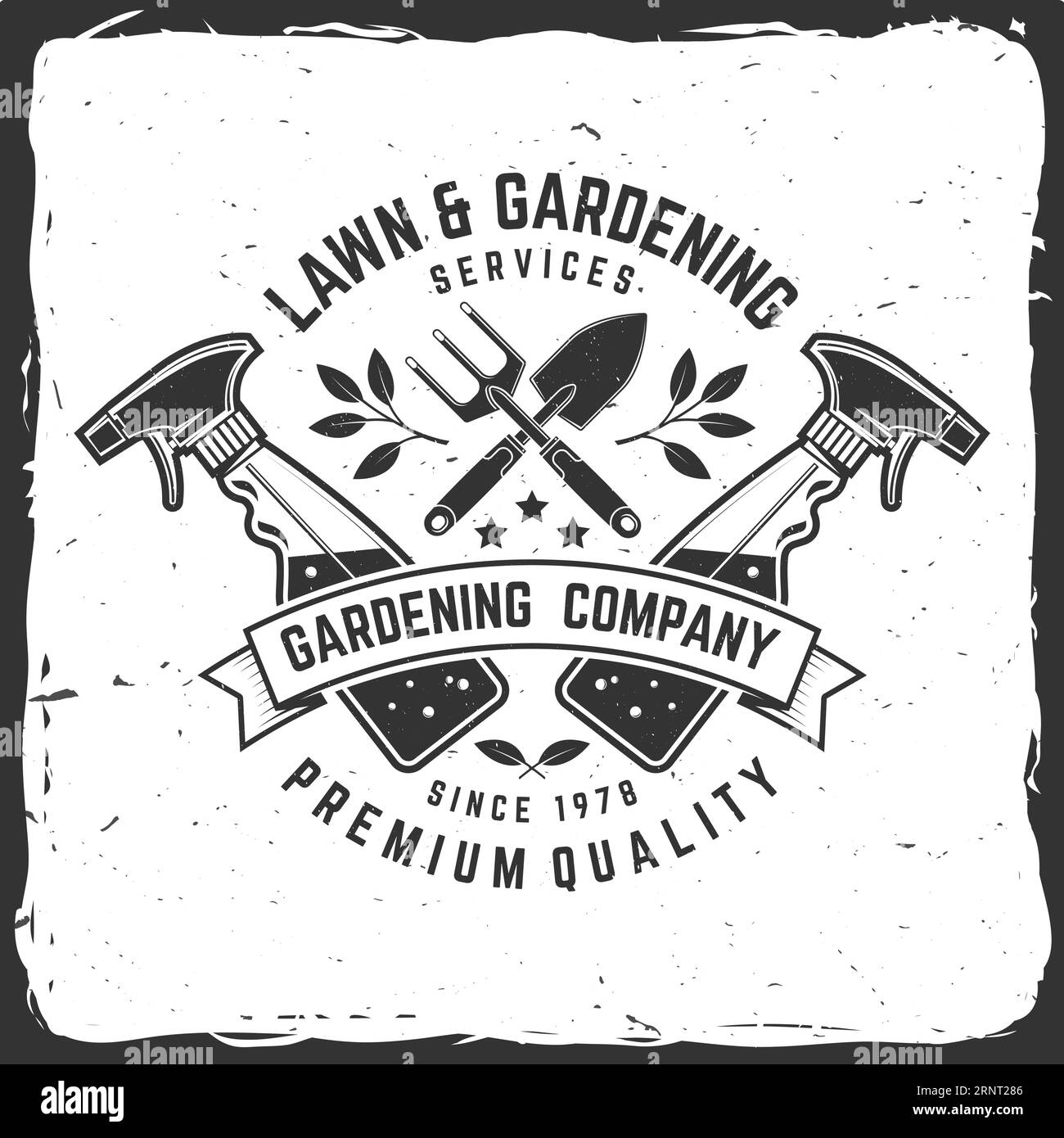 Lawn and Gardening services emblem, label, badge, logo. Vector illustration. For sign, patch, shirt design with hand garden trowel, farming fork Stock Vector