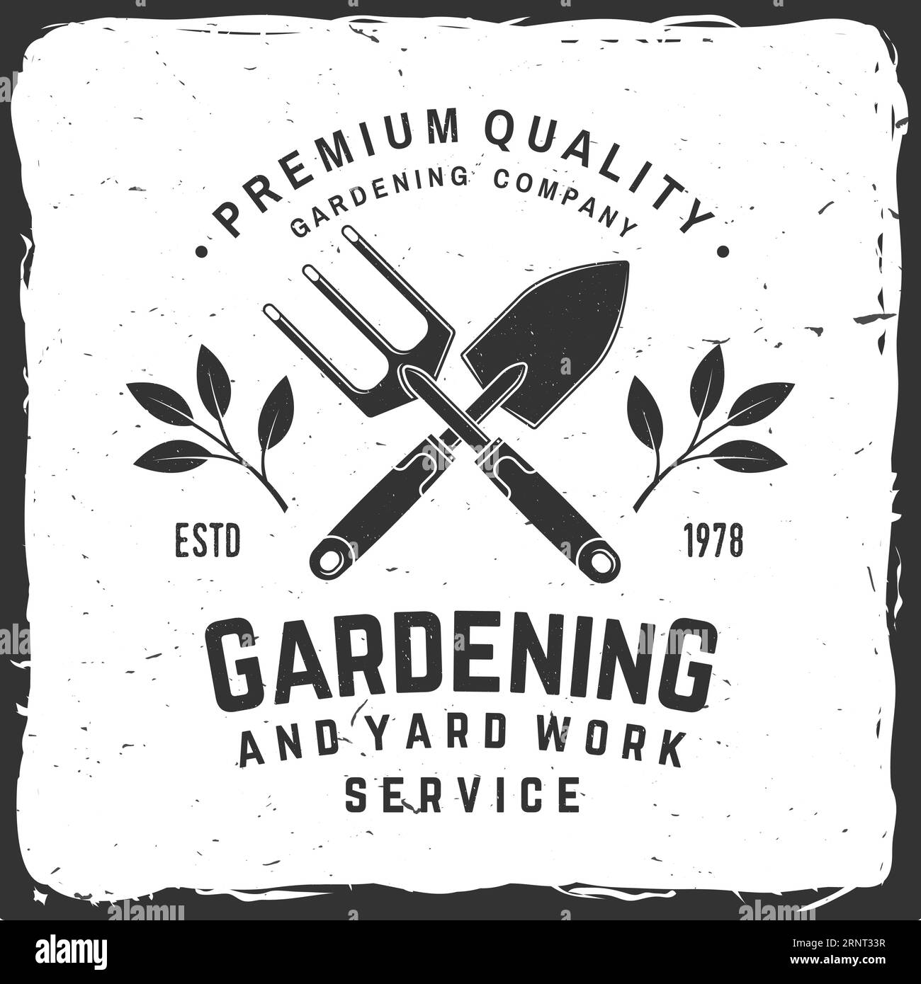 Gardening and yard work services emblem, label, badge, logo. Vector illustration. For sign, patch, shirt design with hand garden trowel, farming fork Stock Vector