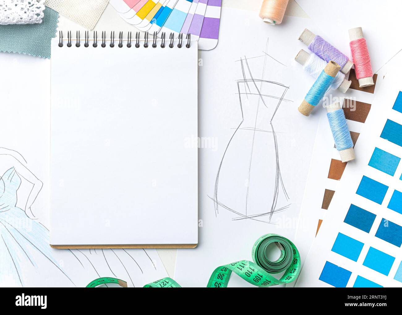 Flat lay tailoring set with fabric samples Stock Photo