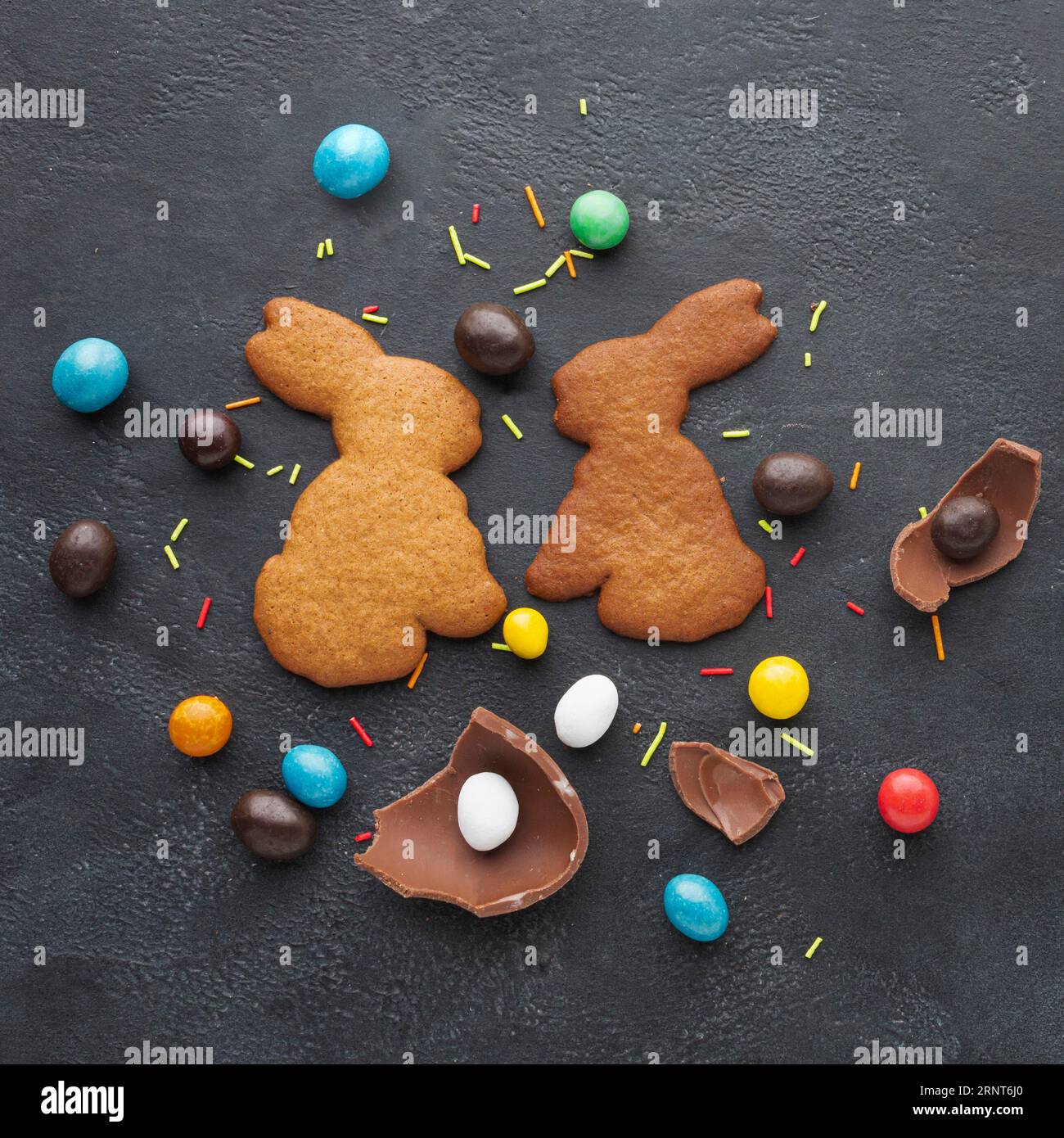 Top view bunny shaped cookies easter candy Stock Photo