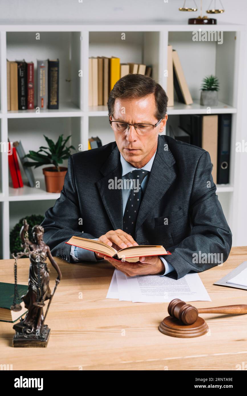 Mature male lawyer reading book with gavel justice statue wooden table Stock Photo