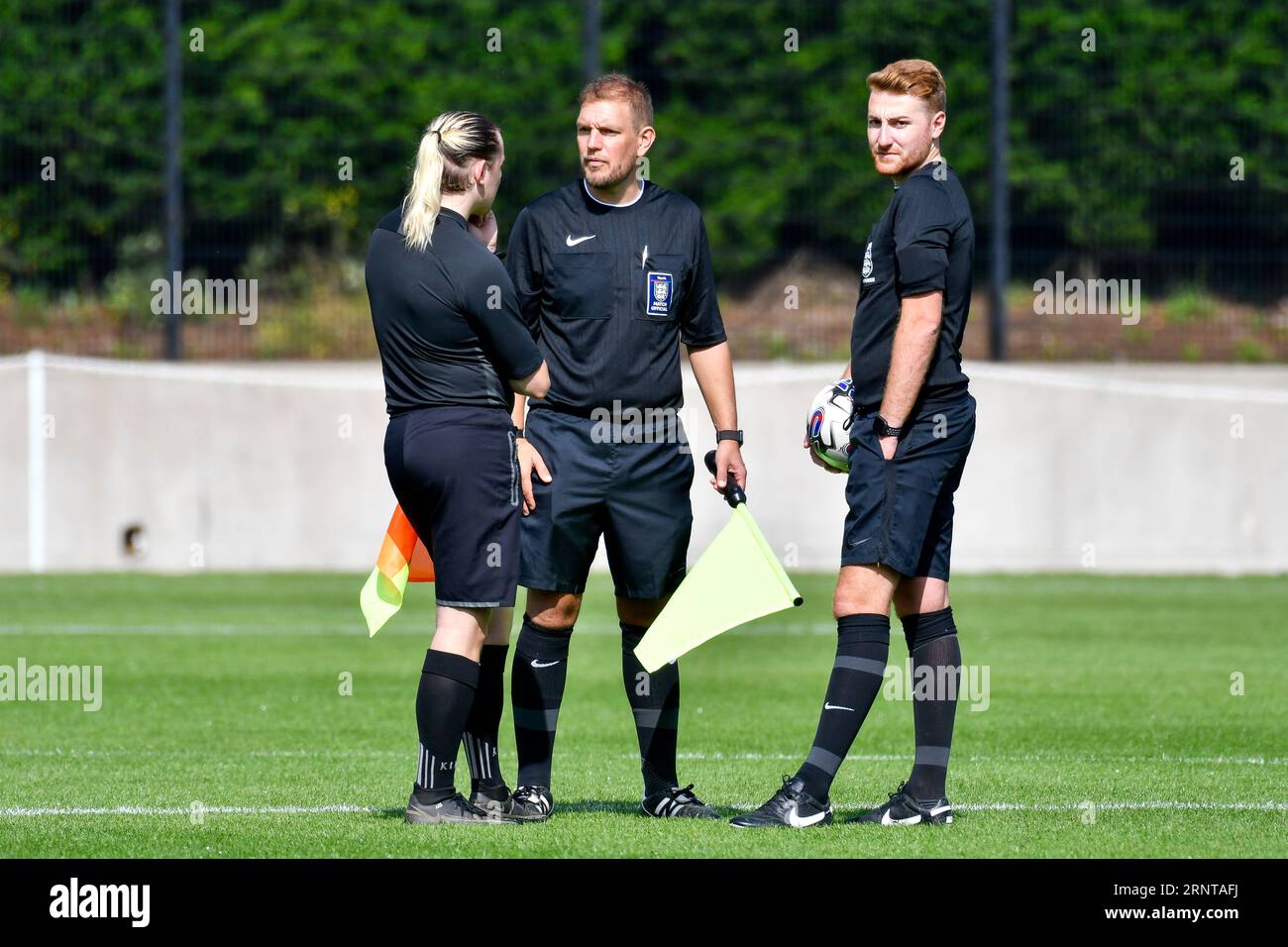 Swansea, Wales. 2 September 2023. Assistant Referee Alex Setchell (left), Assistant Referee Joe Drew and Match Referee William Payne during the Under 18 Professional Development League Cup game between Swansea City and Cardiff City at the Swansea City Academy in Swansea, Wales, UK on 2 September 2023. Credit: Duncan Thomas/Majestic Media/Alamy Live News. Stock Photo