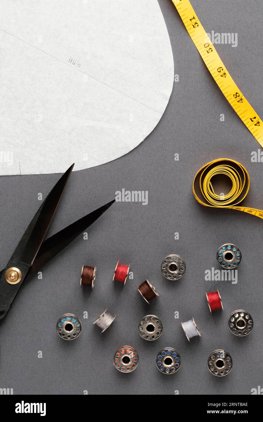 Tailoring items arrangement top view Stock Photo