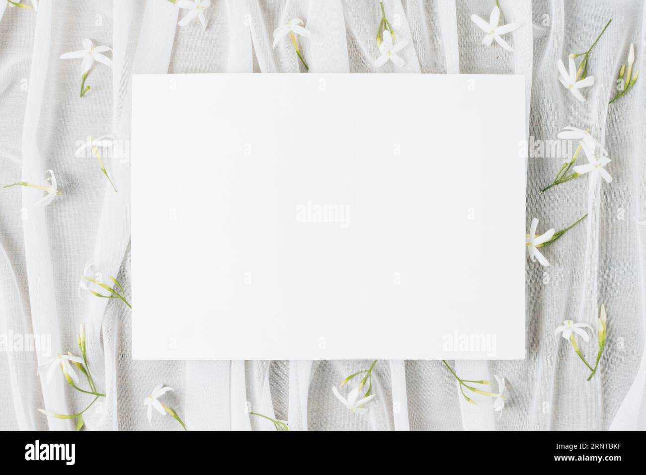 Wedding white placard surrounded with (jasminum) auriculatum flowers scarf Stock Photo