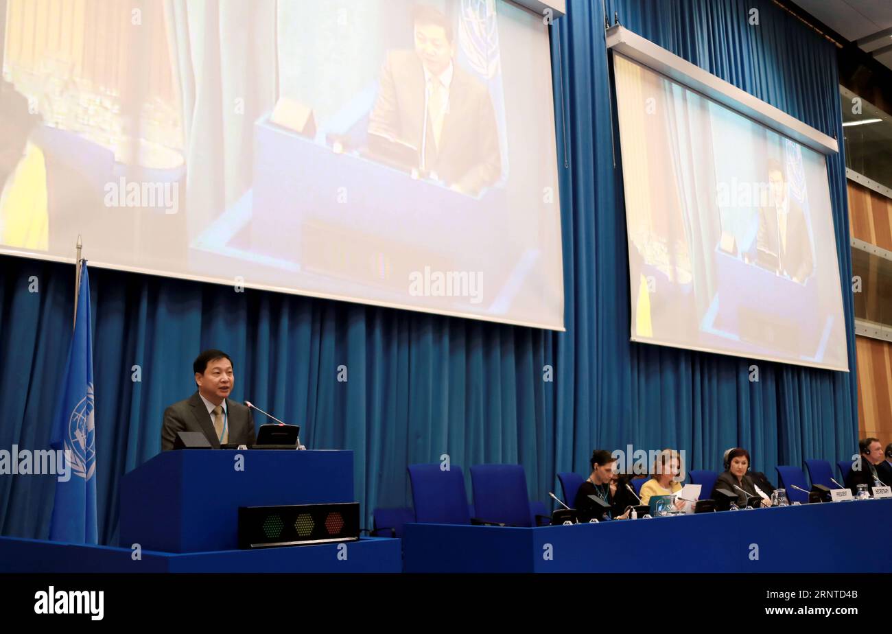 (171107) -- VIENNA, Nov. 7, 2017 -- China s Assistant Foreign Minister Qian Hongshan speaks during the Conference of the State Parties to the United Nations Convention Against Corruption in Vienna, Austria, on Nov. 6, 2017. The Chinese government is in favor of developing a guideline document to serve as a reference for states formulating a legal instrument dedicated to asset recovery, Qian Hongshan said here on Monday. ) (zy) AUSTRIA-VIENNA-UN CONVENTION AGAINST CORRUPTION-CHINA PanxXu PUBLICATIONxNOTxINxCHN Stock Photo