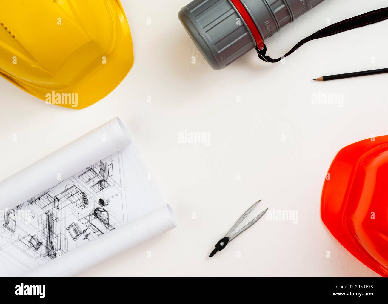 Flat lay construction architect equipment with copyspace Stock Photo
