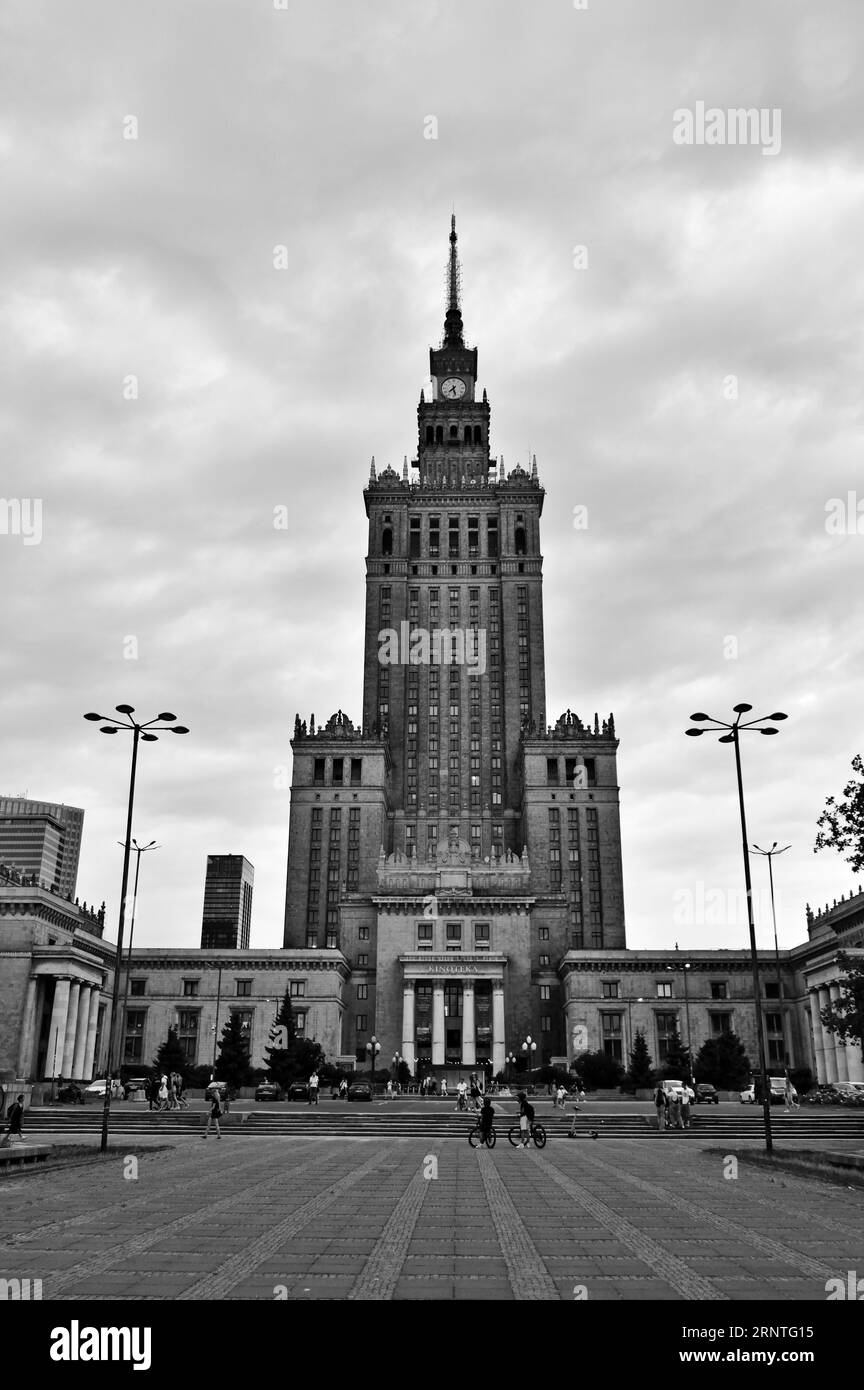 Black and white photo of Palace of Culture and Science in Warsaw Stock Photo