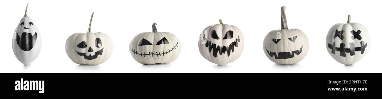 Set of Halloween pumpkins with drawn faces on white background Stock ...