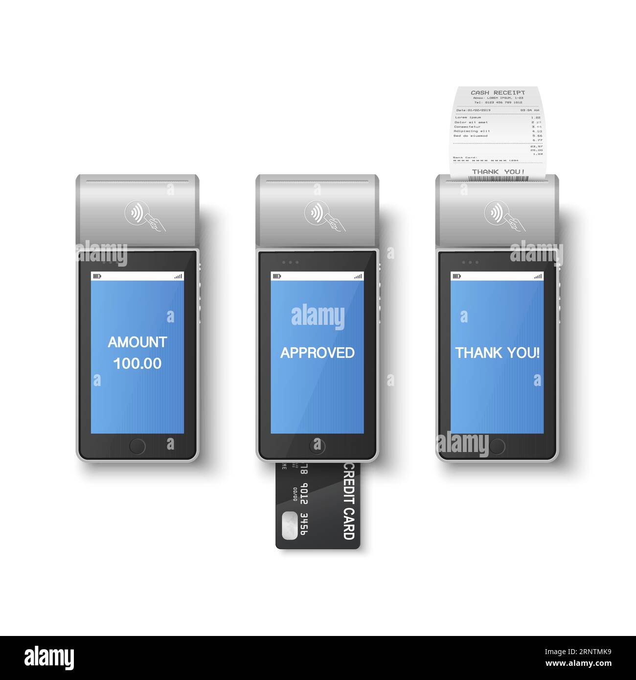 Vector 3d Grey NFC Payment Machine with Approved Status and Paper