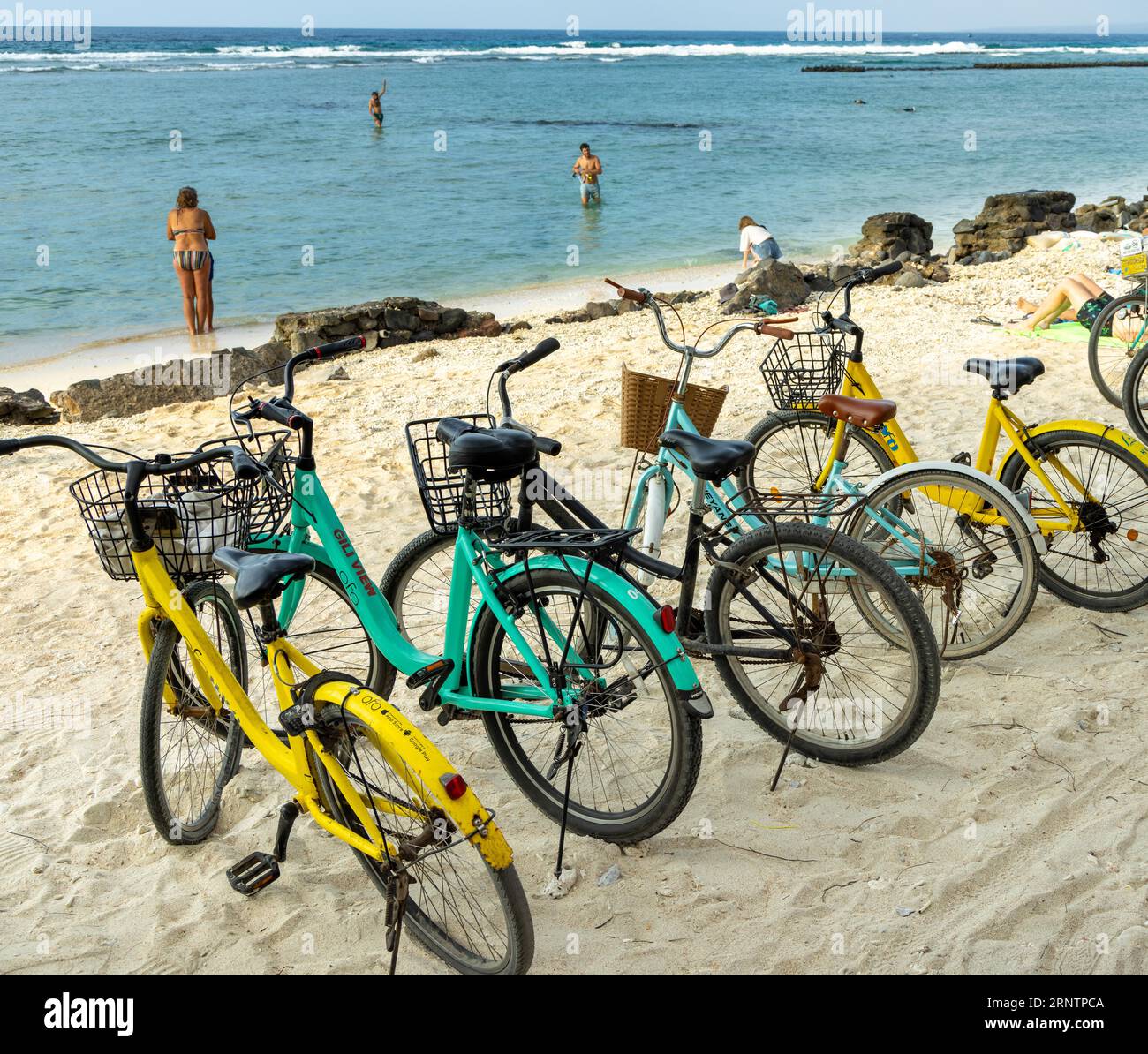 Bicycles on the beach, Gili Trawangan, Island off Lombok, West Nusa Tenggara, Indonesia, Southeast Asia Stock Photo