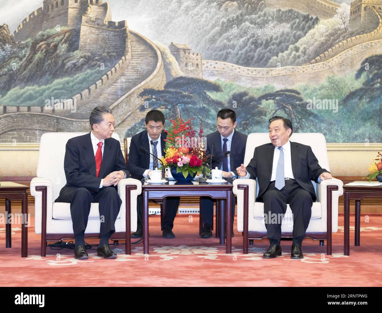 (171115) -- BEIJING, Nov. 15, 2017 -- Wang Chen (R), a member of the Political Bureau of the Communist Party of China (CPC) Central Committee and vice chairman of the Standing Committee of the National People s Congress (NPC), meets with former Japanese Prime Minister Yukio Hatoyama in Beijing, capital of China, Nov. 15, 2017. Hatoyama is in China leading a delegation from the Japanese Yuai Association. ) (dhf) CHINA-BEIJING-WANG CHEN-JAPAN-MEETING (CN) DingxHaitao PUBLICATIONxNOTxINxCHN Stock Photo