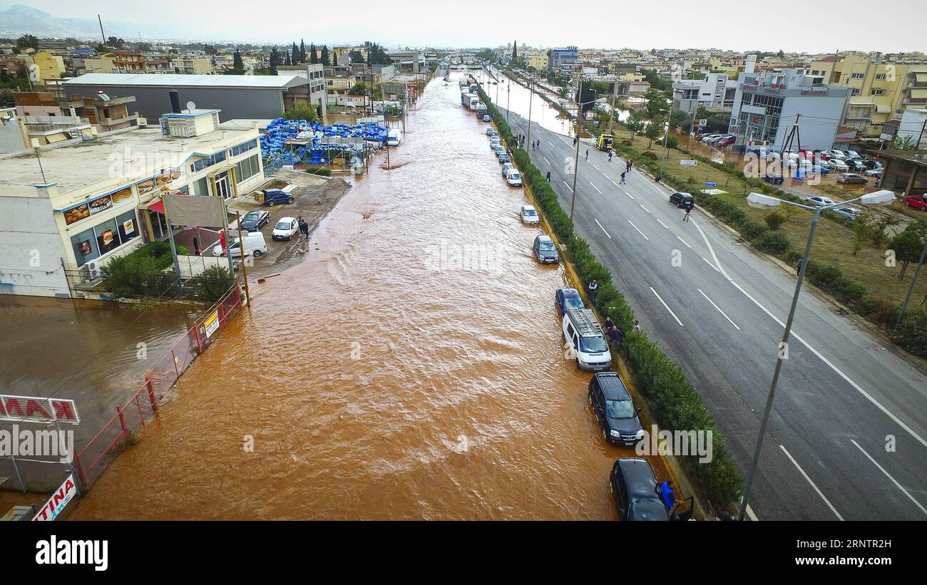 (171115) -- ATHENS, Nov. 15, 2017 -- Photo taken on Nov. 15, 2017 shows a general view of the flood on a national road in Mandra, about 20 kilometers west of Athens, capital of Greece. The strong torrential downpour in the municipalities of Mandra, Nea Peramos and Megara, west of the Greek capital, has claimed 15 lives, according to the latest official count by the Health Ministry. ) GREECE-MANDRA-FLOOD MariosxLolos PUBLICATIONxNOTxINxCHN Stock Photo