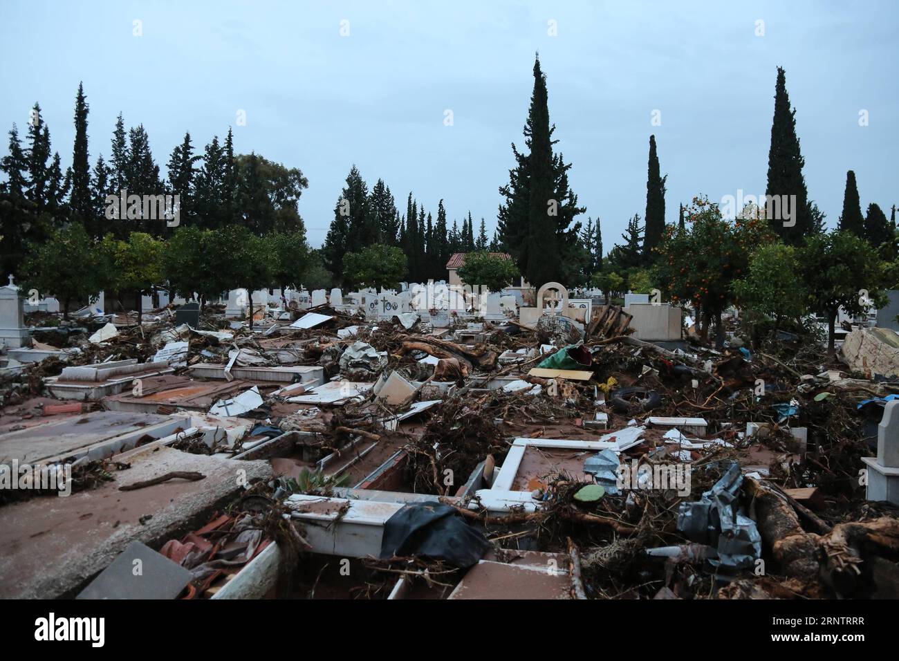 (171117) -- ATHENS, Nov. 17, 2017 -- Photo taken on Nov. 16, 2017 shows a damaged cemetery after the flash flooding in Mandra, Greece. The strong torrential downpour which turned roads into muddy rivers in the municipalities of Mandra, Nea Peramos and Megara, about 20 kilometers west of the Greek capital, has claimed 16 lives, according to the latest official count. )(swt) GREECE-ATHENS-FLOODING LefterisxPartsalis PUBLICATIONxNOTxINxCHN Stock Photo